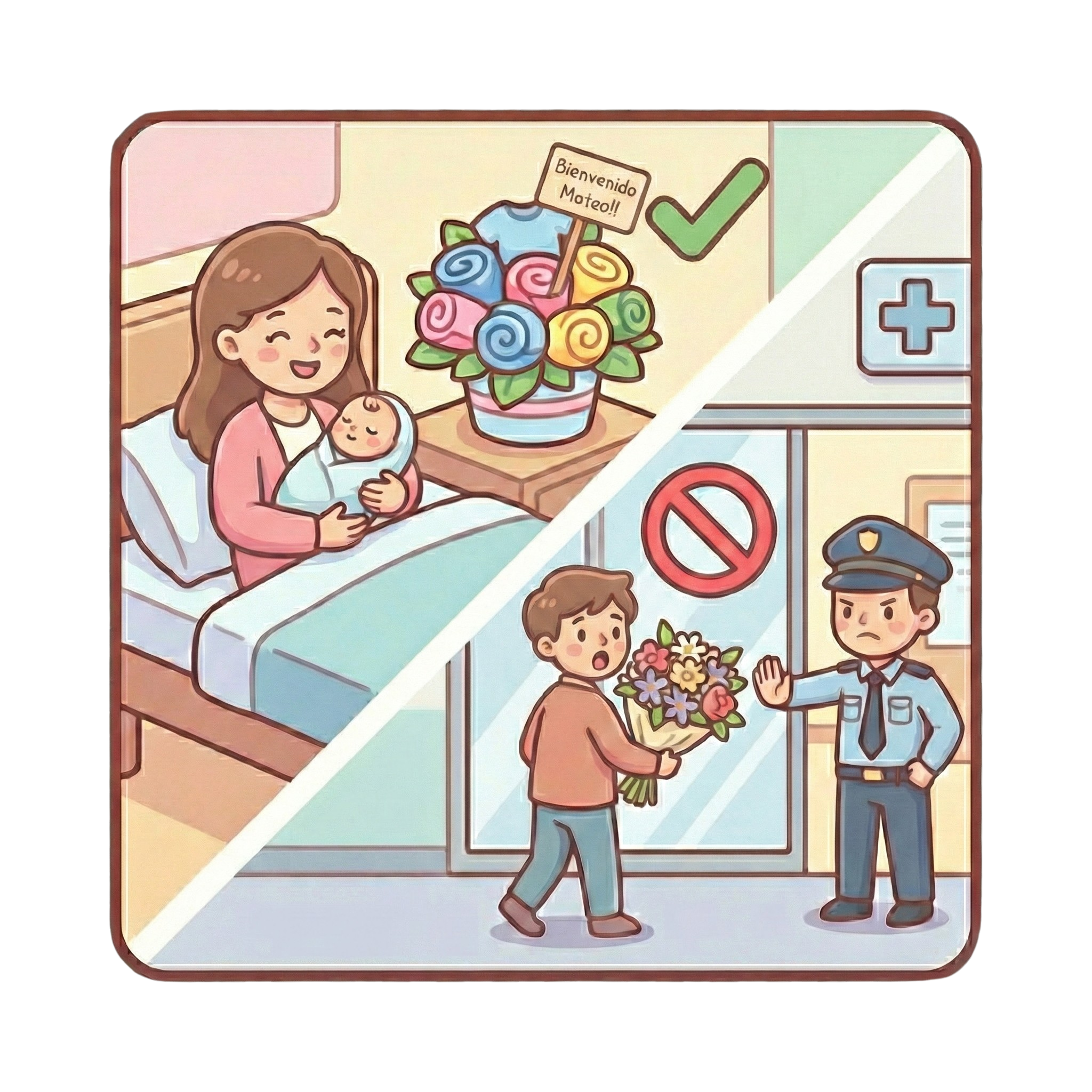 Ilustración comparativa: Arreglo de ropa Baby Flowers permitido dentro de la habitación de la clínica junto a mamá y bebé, versus flores naturales prohibidas en el pasillo.