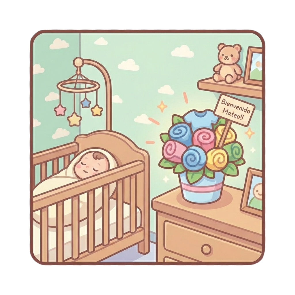 Arreglo Baby Flowers utilizado como decoración en la habitación del bebé sobre la cómoda, con tarjeta de bienvenida personalizada.