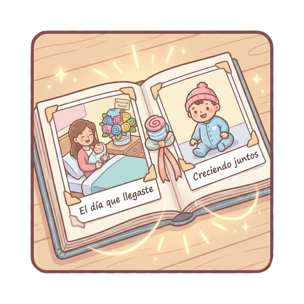 Álbum de fotos abierto mostrando dos momentos: el arreglo recibido en el nacimiento y el bebé usando las prendas tiempo después.