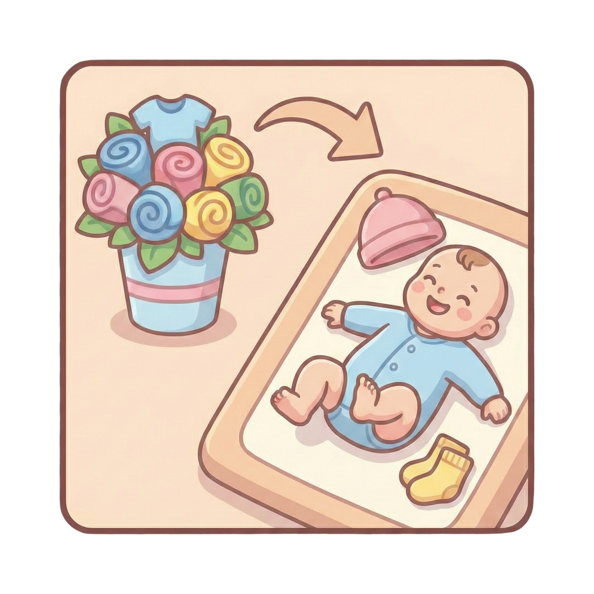 Gráfico que muestra cómo el arreglo floral se desarma para convertirse en prendas de algodón (body, gorrito y medias) para el bebé.