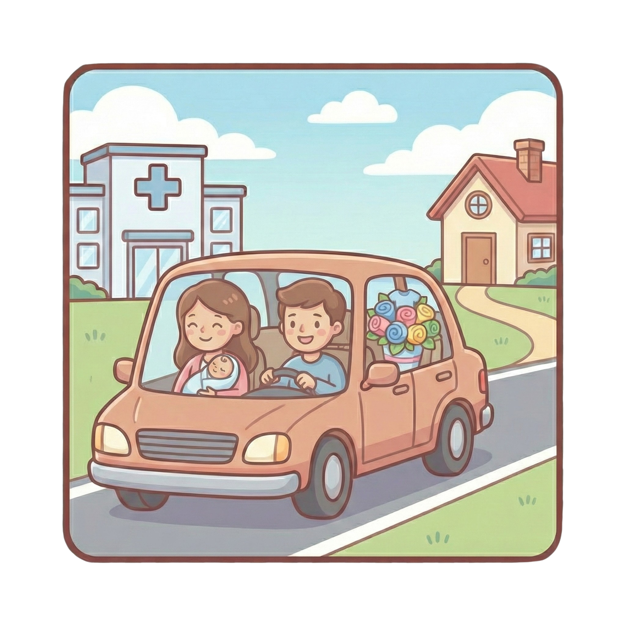 Familia en auto llevando al recién nacido y su arreglo Baby Flowers de la clínica a casa.